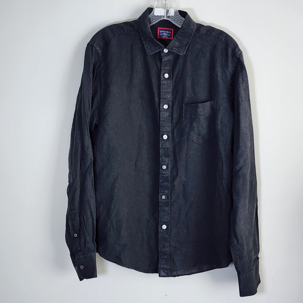 UNTUCKit Cabardes 100% Linen Button Down Shirt Mens Medium Black Slim Fit Resort